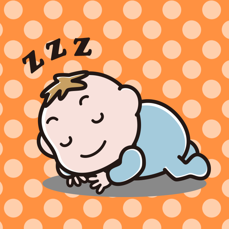 うつ伏せで寝る男の子の赤ちゃんのイラスト【色、背景あり】PNG