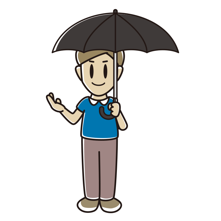 傘をさして案内する男性のイラスト【色あり、背景なし】透過PNG