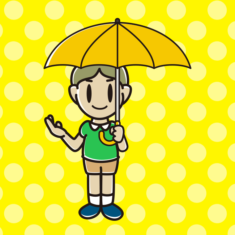 傘をさして案内する小学生男子のイラスト【色、背景あり】PNG