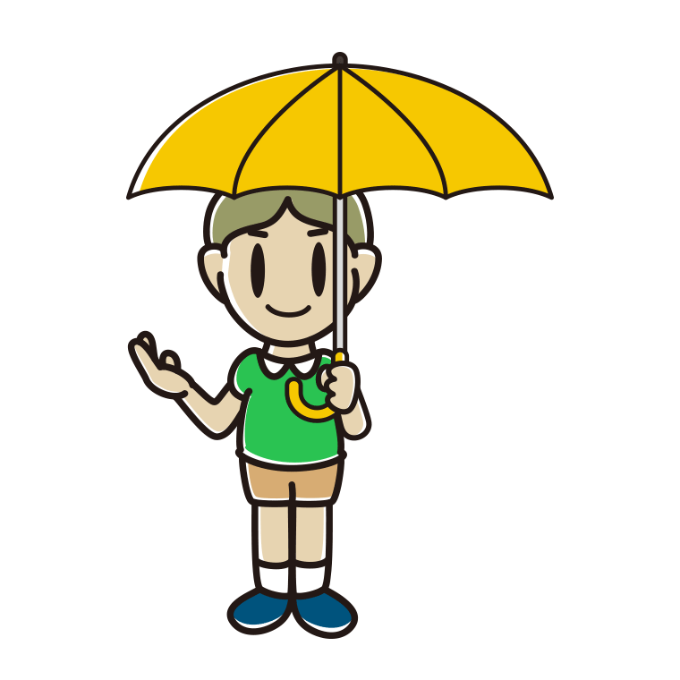 傘をさして案内する小学生男子のイラスト【色あり、背景なし】透過PNG