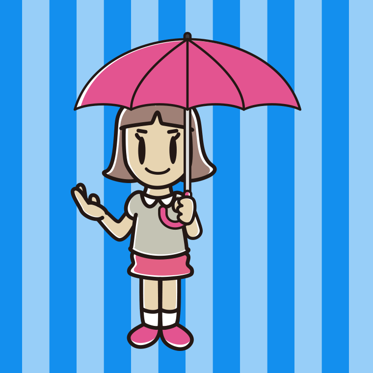 傘をさして案内する小学生女子のイラスト【色、背景あり】PNG