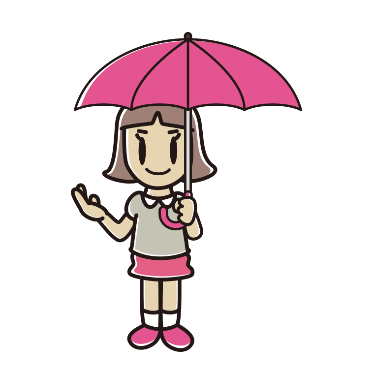 傘をさして案内する小学生女子のイラスト【色あり、背景なし】透過PNG