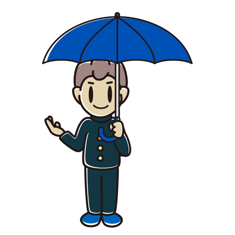 傘をさして案内する男子中学生のイラスト【色あり、背景なし】透過PNG