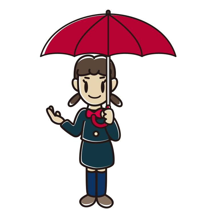 傘をさして案内する女子中学生のイラスト【色あり、背景なし】透過PNG