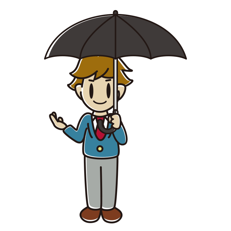 傘をさして案内する男子高校生のイラスト【色あり、背景なし】透過PNG