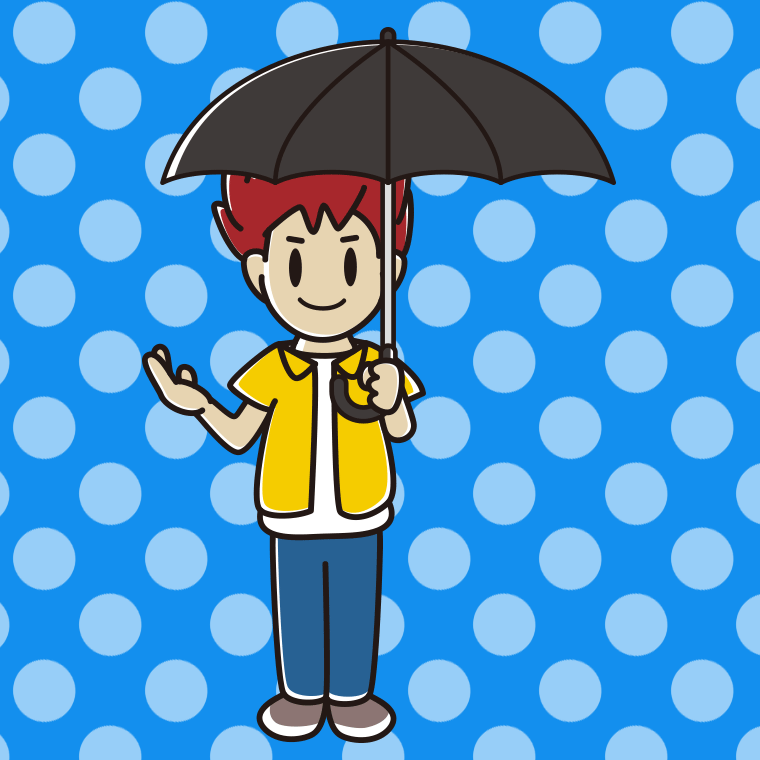 傘をさして案内する男子大学生のイラスト【色、背景あり】PNG