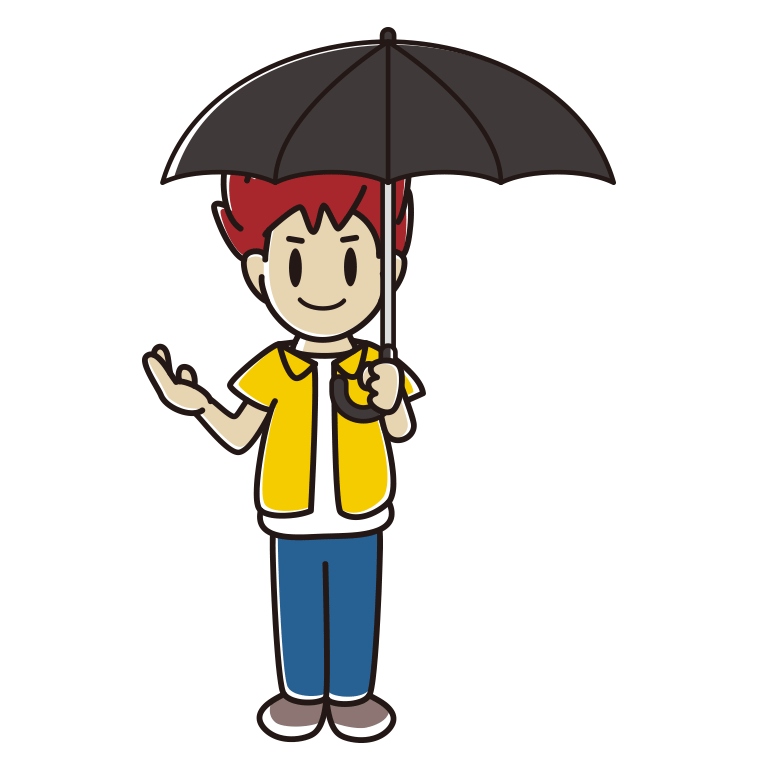 傘をさして案内する男子大学生のイラスト【色あり、背景なし】透過PNG