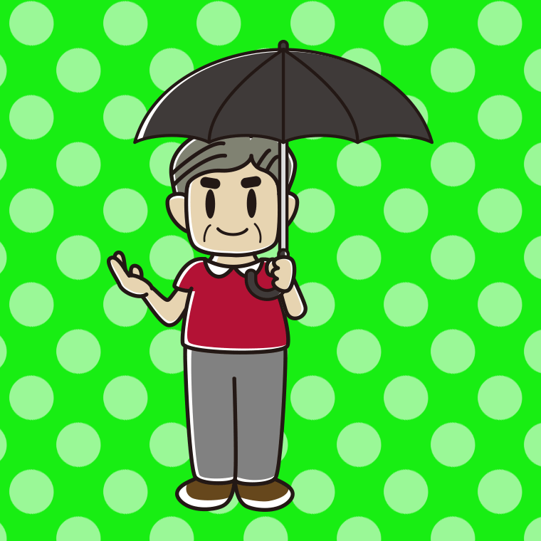 傘をさして案内するおじさんのイラスト【色、背景あり】PNG