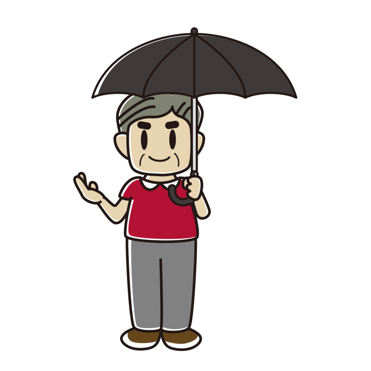傘をさして案内するおじさんのイラスト【色あり、背景なし】透過PNG