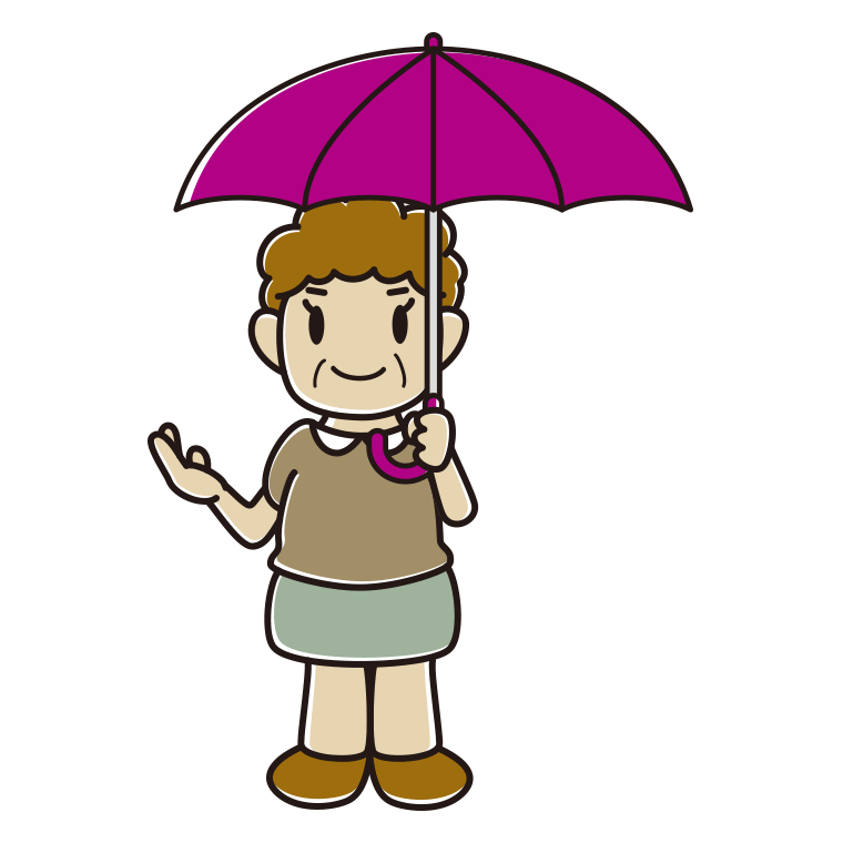 傘をさして案内するおばさんのイラスト【色あり、背景なし】透過PNG