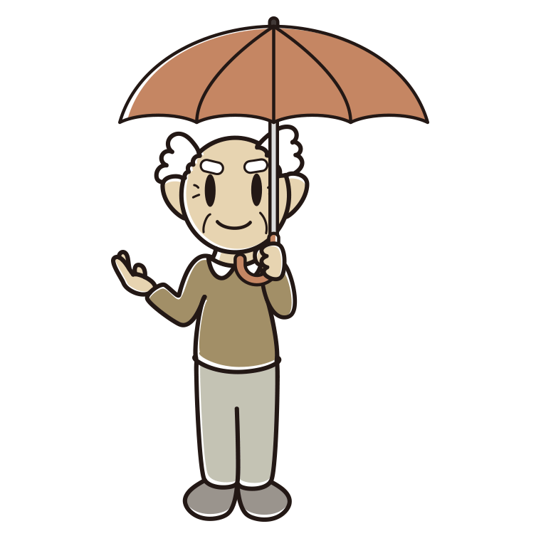 傘をさして案内するおじいさんのイラスト【色あり、背景なし】透過PNG