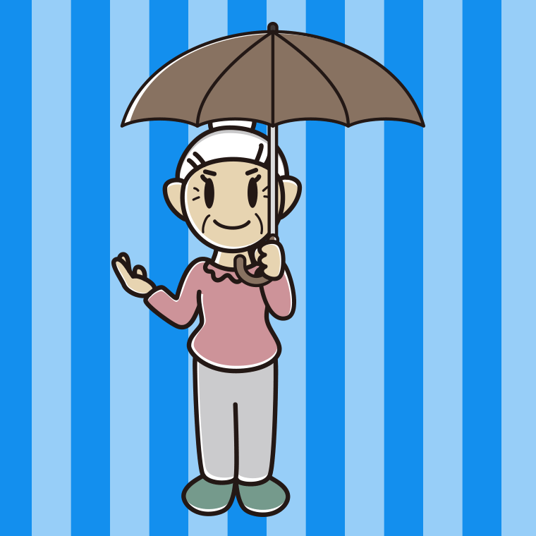 傘をさして案内するおばあさんのイラスト【色、背景あり】PNG