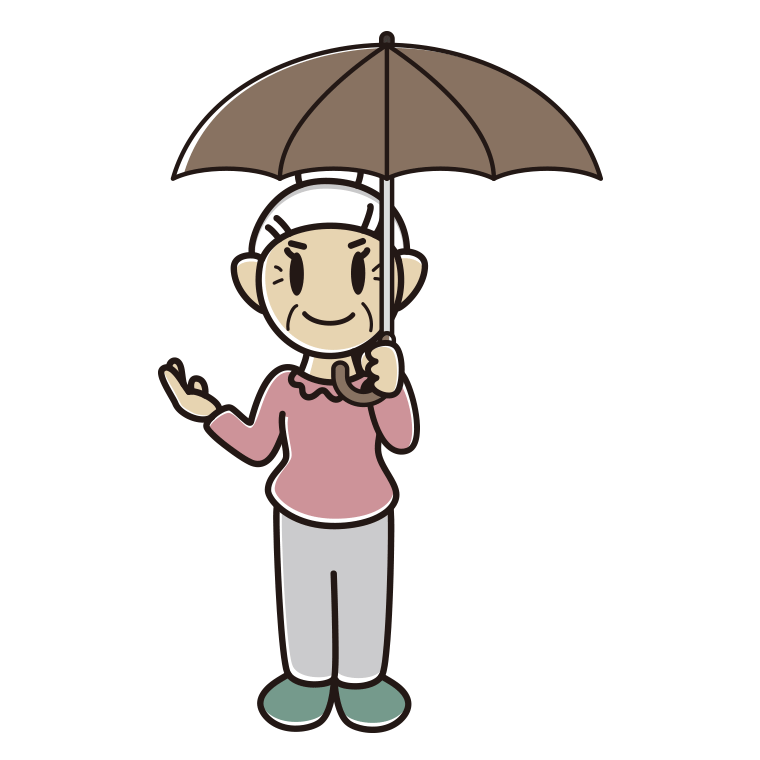 傘をさして案内するおばあさんのイラスト【色あり、背景なし】透過PNG