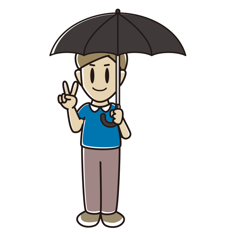 傘をさしてピースをする男性のイラスト【色あり、背景なし】透過PNG
