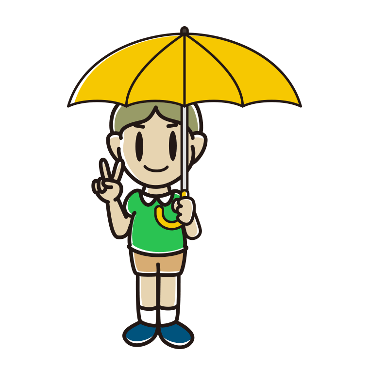 傘をさしてピースをする小学生男子のイラスト【色あり、背景なし】透過PNG