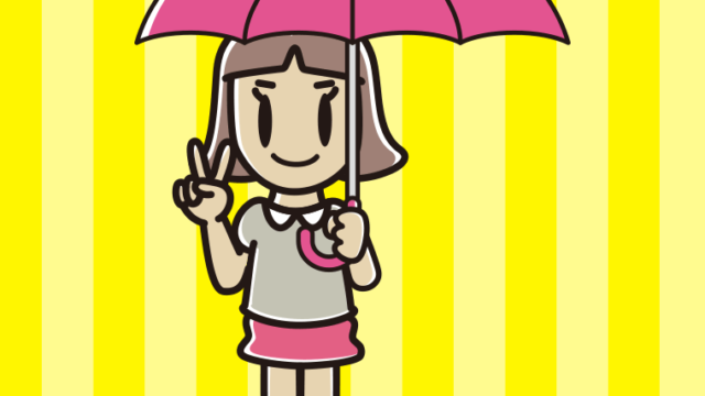 傘をさしてピースをする小学生女子のイラスト【色、背景あり】PNG