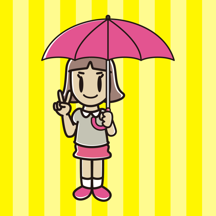 傘をさしてピースをする小学生女子のイラスト【色、背景あり】PNG