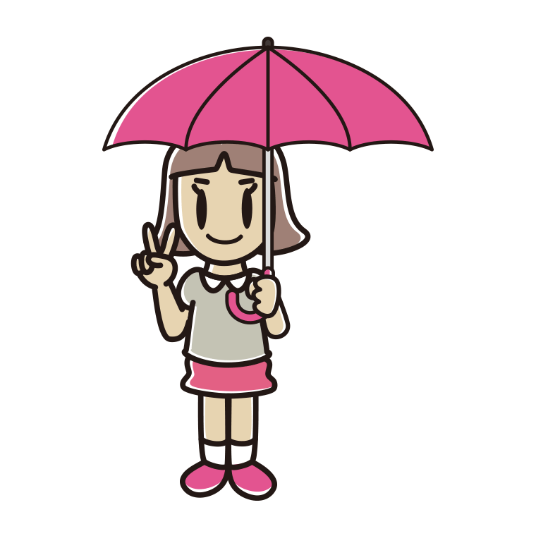 傘をさしてピースをする小学生女子のイラスト【色あり、背景なし】透過PNG