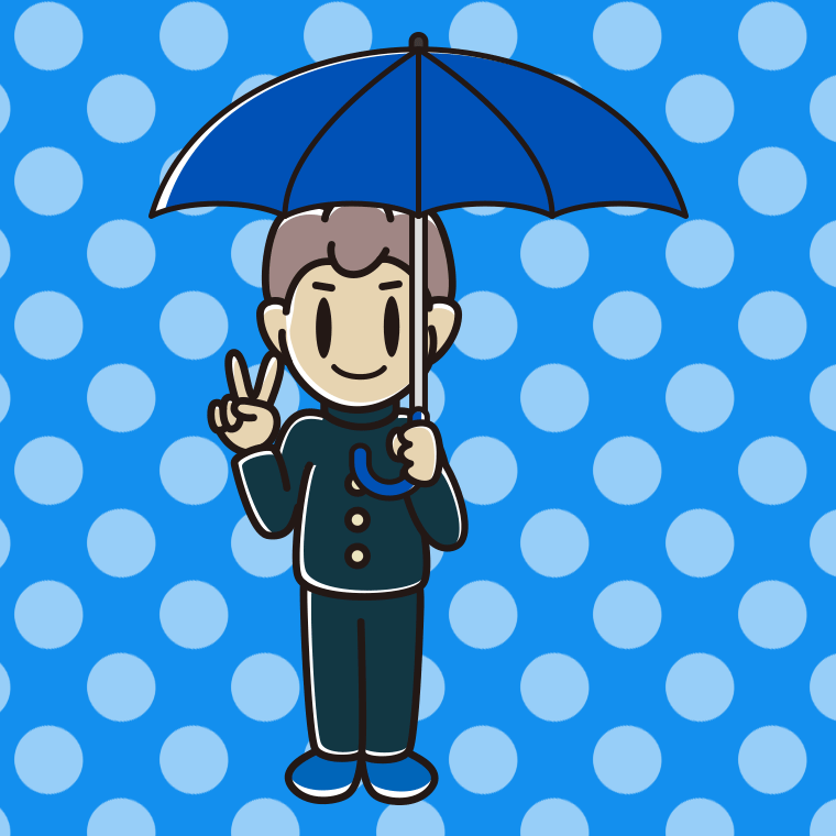 傘をさしてピースをする男子中学生のイラスト【色、背景あり】PNG