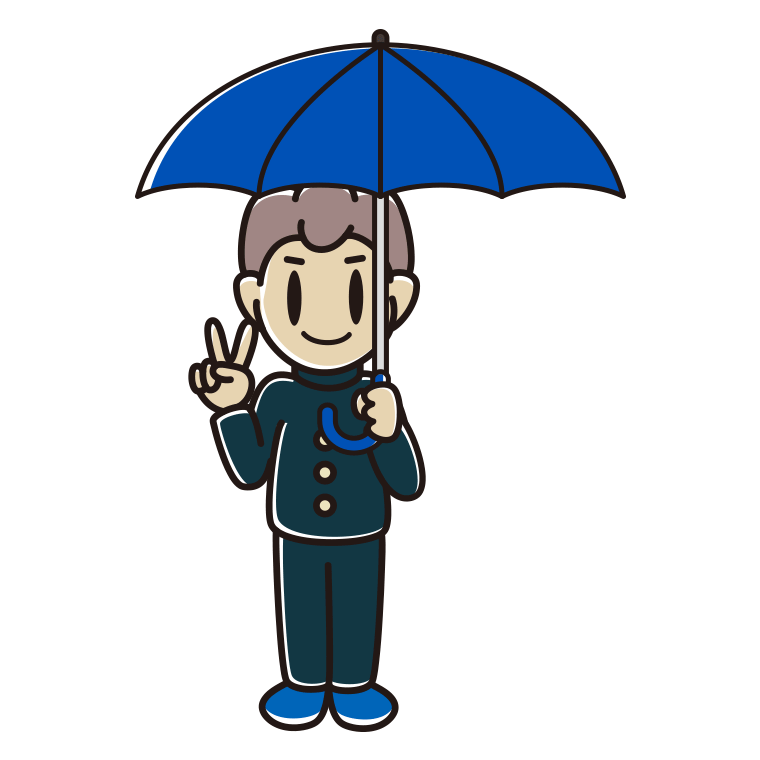 傘をさしてピースをする男子中学生のイラスト【色あり、背景なし】透過PNG