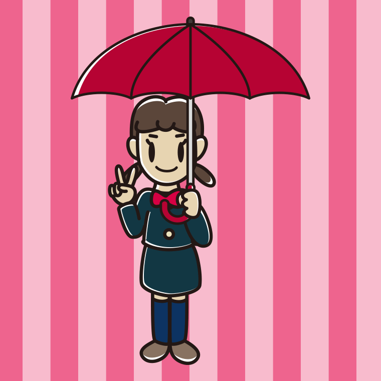 傘をさしてピースをする女子中学生のイラスト【色、背景あり】PNG