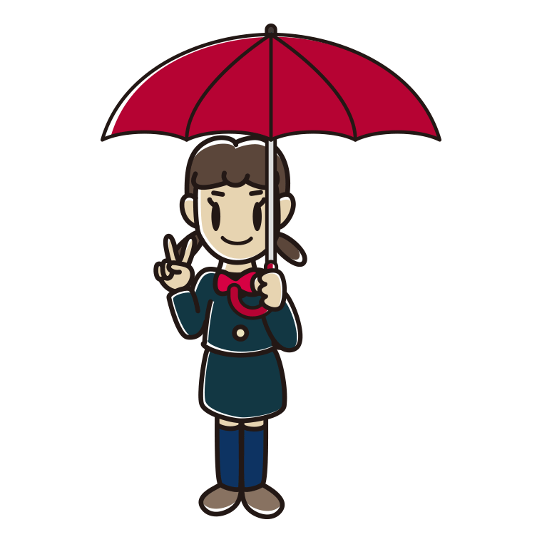傘をさしてピースをする女子中学生のイラスト【色あり、背景なし】透過PNG