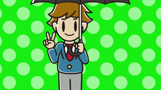 傘をさしてピースをする男子高校生のイラスト【色、背景あり】PNG