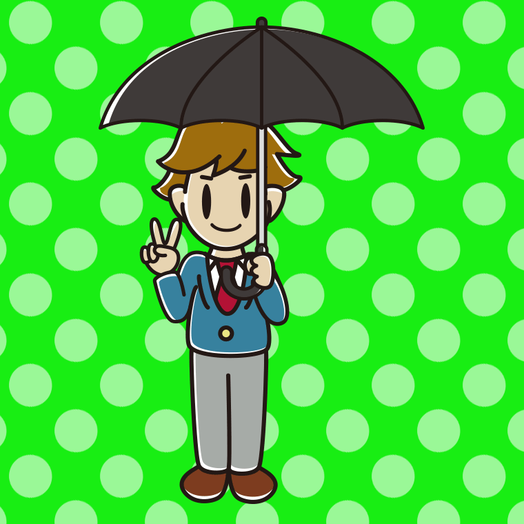 傘をさしてピースをする男子高校生のイラスト【色、背景あり】PNG
