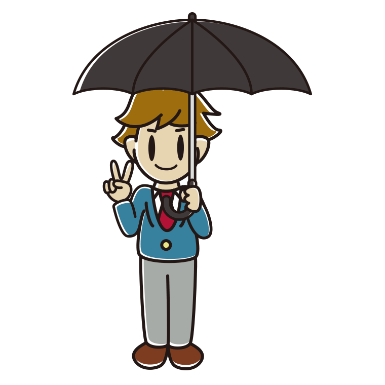 傘をさしてピースをする男子高校生のイラスト【色あり、背景なし】透過PNG