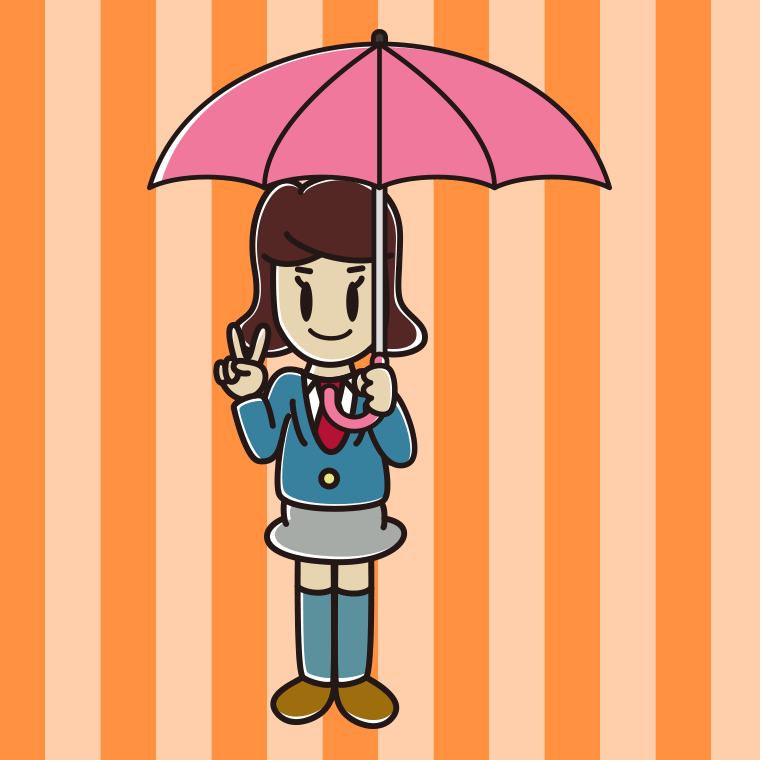 傘をさしてピースをする女子高校生のイラスト【色、背景あり】PNG