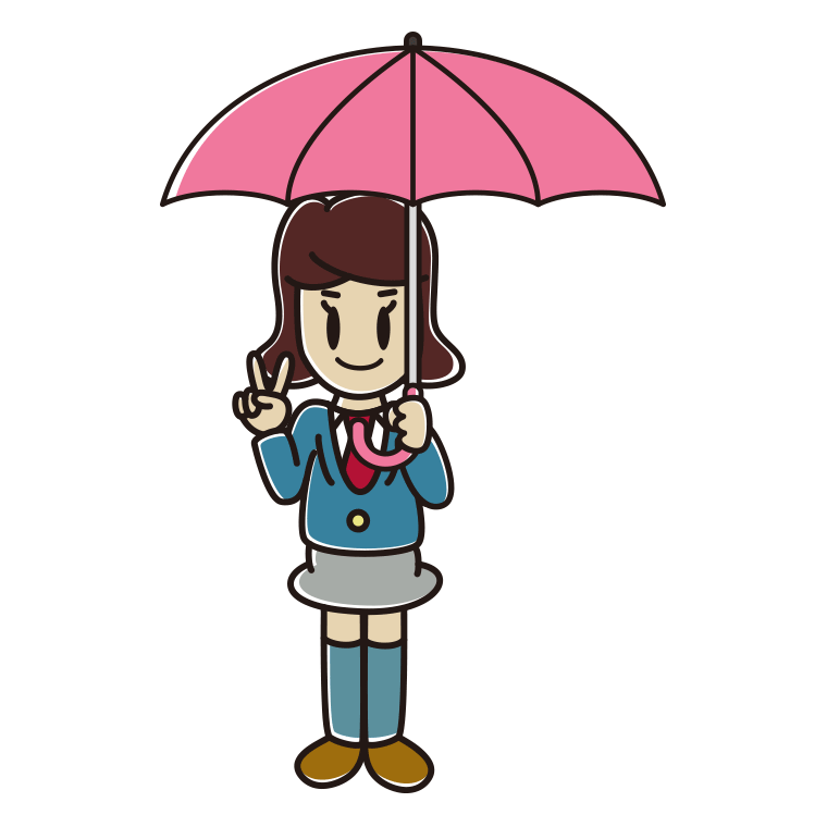 傘をさしてピースをする女子高校生のイラスト【色あり、背景なし】透過PNG