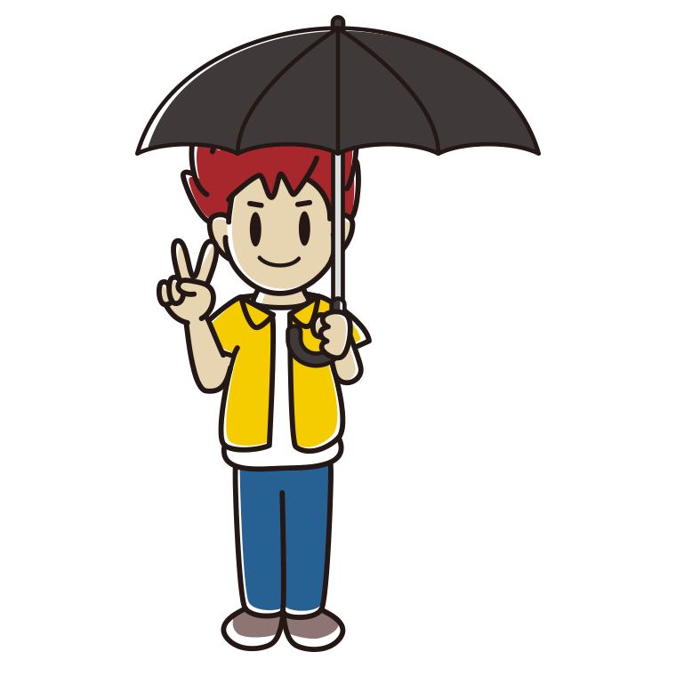 傘をさしてピースをする男子大学生のイラスト【色あり、背景なし】透過PNG
