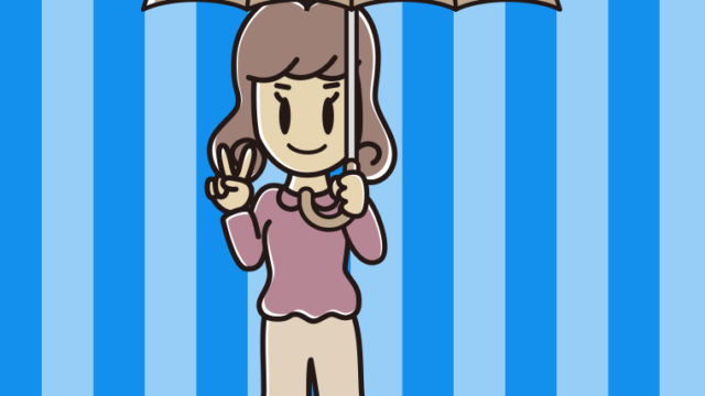 傘をさしてピースをする女子大学生のイラスト【色、背景あり】PNG