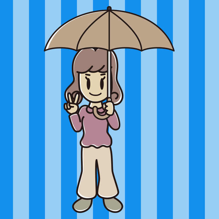 傘をさしてピースをする女子大学生のイラスト【色、背景あり】PNG