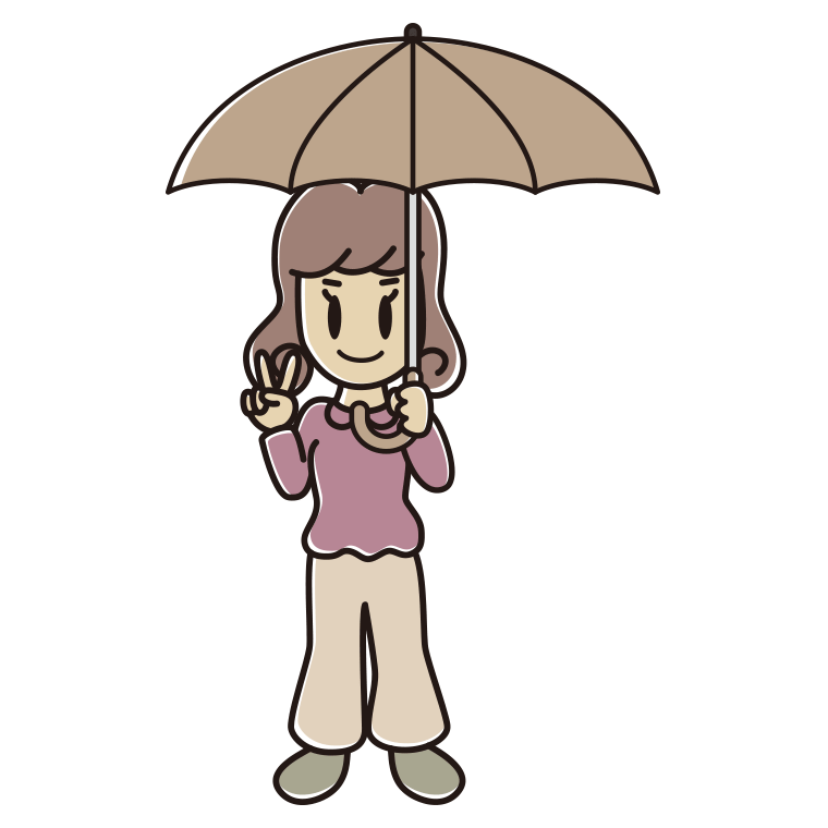 傘をさしてピースをする女子大学生のイラスト【色あり、背景なし】透過PNG
