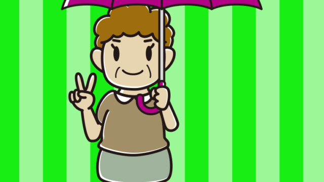 傘をさしてピースをするおばさんのイラスト【色、背景あり】PNG