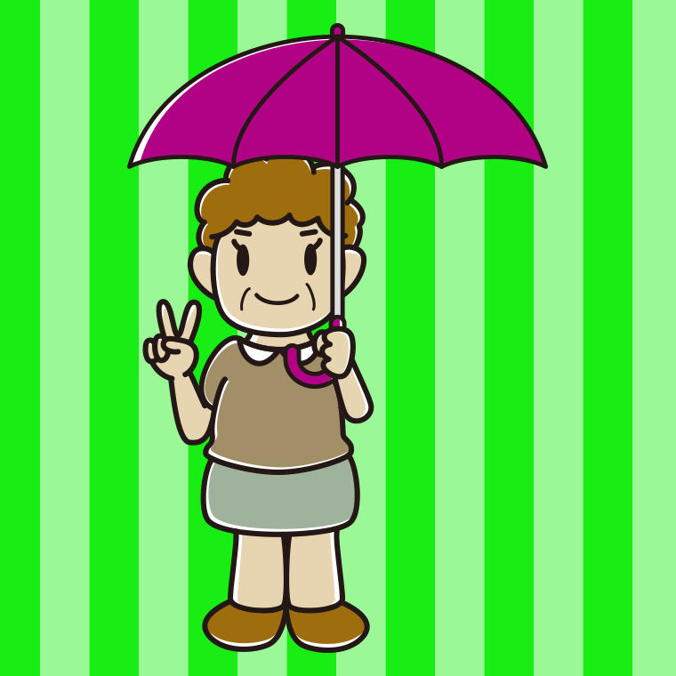 傘をさしてピースをするおばさんのイラスト【色、背景あり】PNG