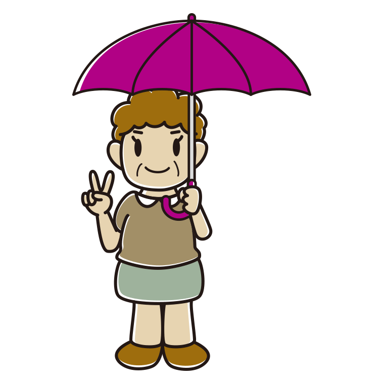 傘をさしてピースをするおばさんのイラスト【色あり、背景なし】透過PNG