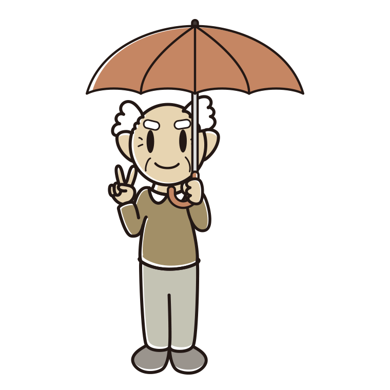 傘をさしてピースをするおじいさんのイラスト【色あり、背景なし】透過PNG