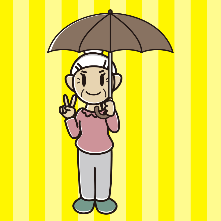 傘をさしてピースをするおばあさんのイラスト【色、背景あり】PNG