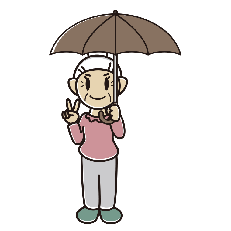 傘をさしてピースをするおばあさんのイラスト【色あり、背景なし】透過PNG