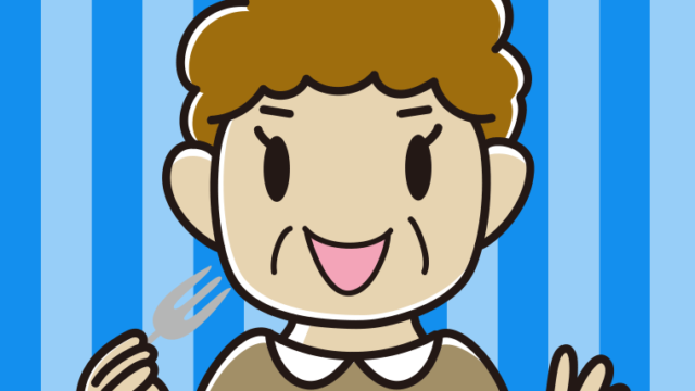 フォークを持つおばさんのイラスト【色、背景あり】PNG