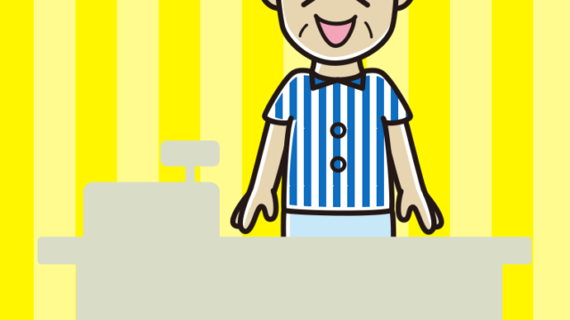 笑う年配男性コンビニ店員のイラスト【色、背景あり】PNG