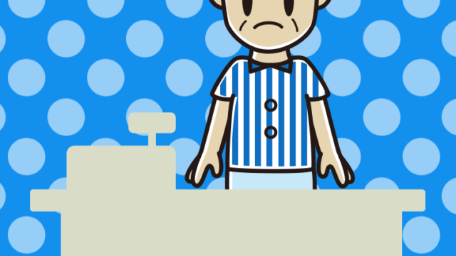 困る年配男性コンビニ店員のイラスト【色、背景あり】PNG