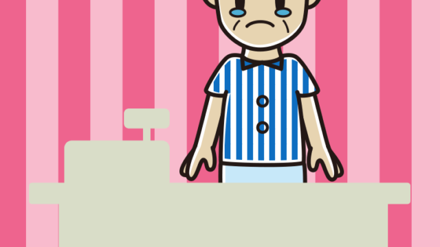 泣く年配男性コンビニ店員のイラスト【色、背景あり】PNG