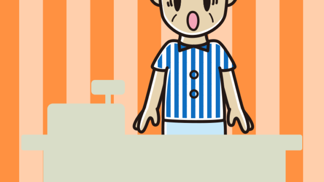 驚く年配男性コンビニ店員のイラスト【色、背景あり】PNG