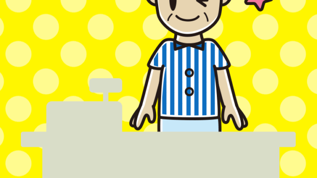 ウインクする年配男性コンビニ店員のイラスト【色、背景あり】PNG