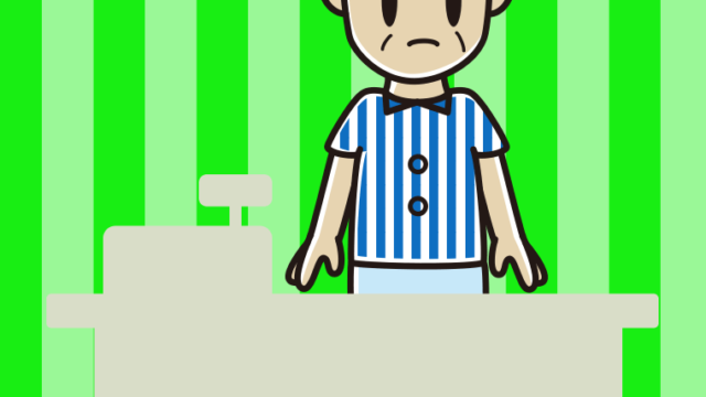 何かに気付く年配男性コンビニ店員のイラスト【色、背景あり】PNG