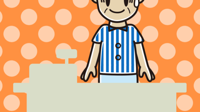 苦笑いする年配男性コンビニ店員のイラスト【色、背景あり】PNG