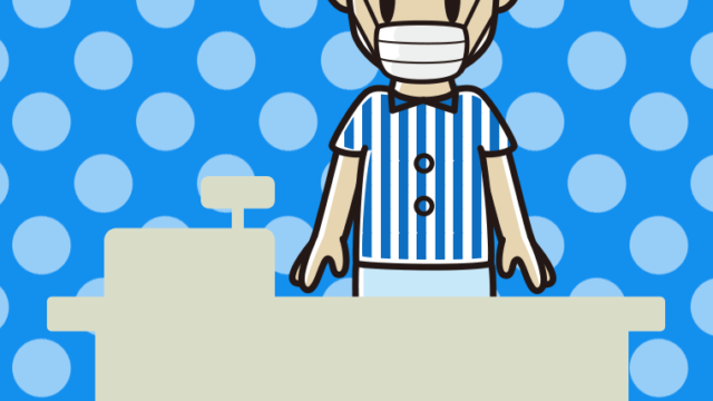 マスクをする年配男性コンビニ店員のイラスト【色、背景あり】PNG